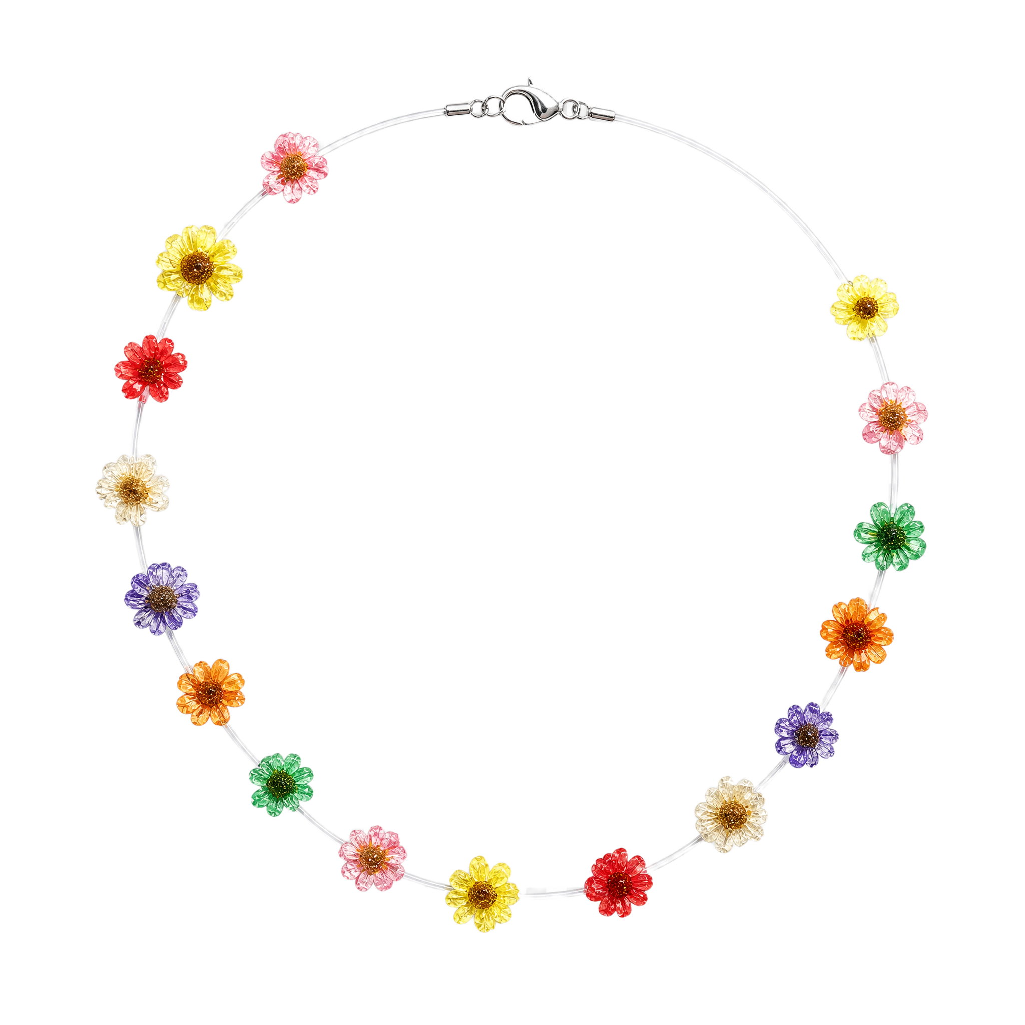 A delicate necklace featuring small, colorful flower charms in red, yellow, white, green, orange, and purple along a thin white cord with a silver clasp, shown on a plain white background.