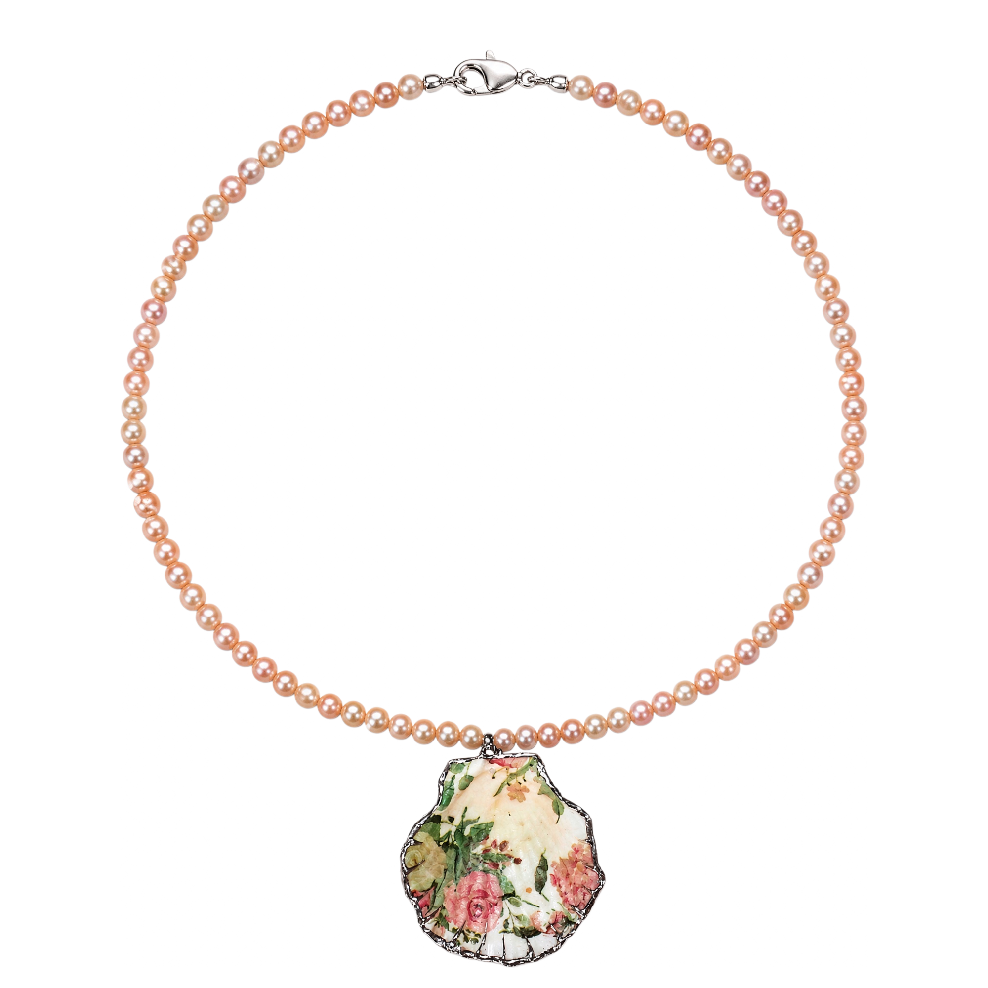 A pearl necklace with a scallop shell pendant featuring a vintage-style floral print, displayed on a clean white background.